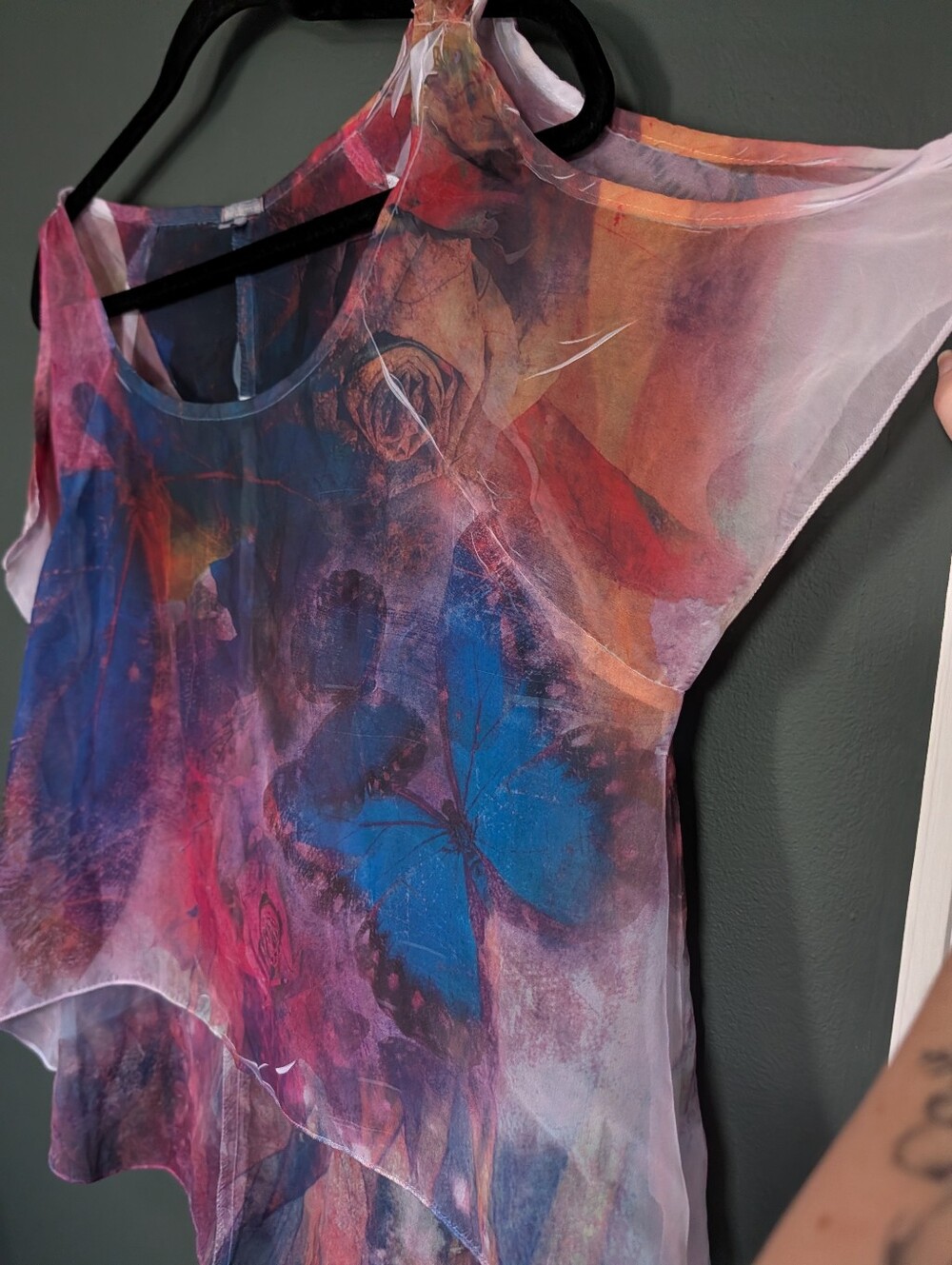 Charlotte Russe Sheer Cold-Shoulder Blouse With Pink and Blue Butterfly's 0065 - Picture 3 of 5